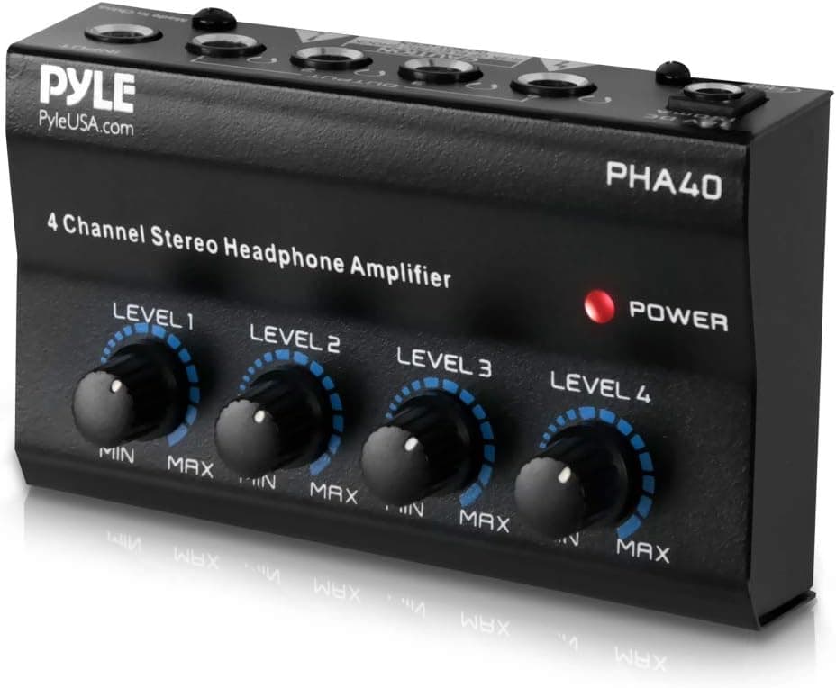 Pyle PHA40 4-Channel Portable Stereo Headphone Amplifier - Professional Multi Channel Mini Earphone Splitter Amp w/ 4 1/4" Balanced TRS Headphones Output Jack