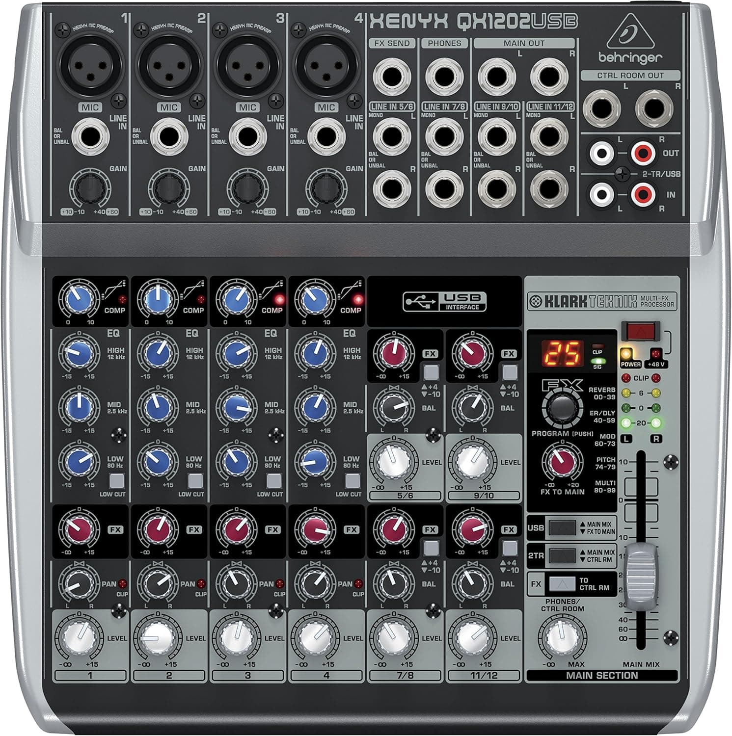Behringer XENYX QX1202USB Premium 12-Input Mixer with Klark Teknik Multi-FX