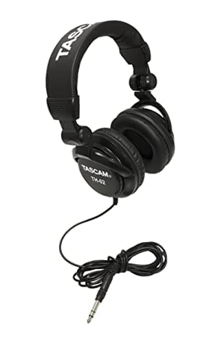 TASCAM TH-02 Professional Studio Monitor Headphones, Wired, Over Ear - for Recording, Podcast, DJ, Music and Guitar, with 1/4 Inch Jack Adapter