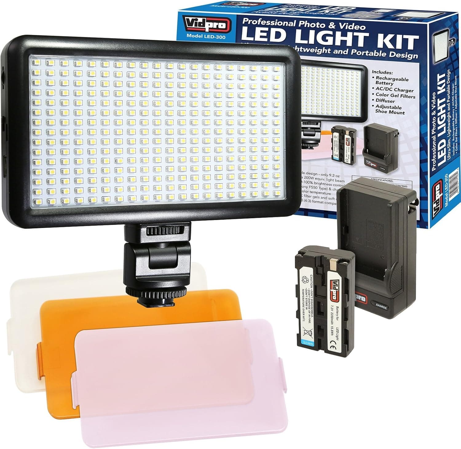 Vidpro LED-300 Photo and Video Light Kit - On Camera Panel LED Light with Rechargeable Battery and Diffuser