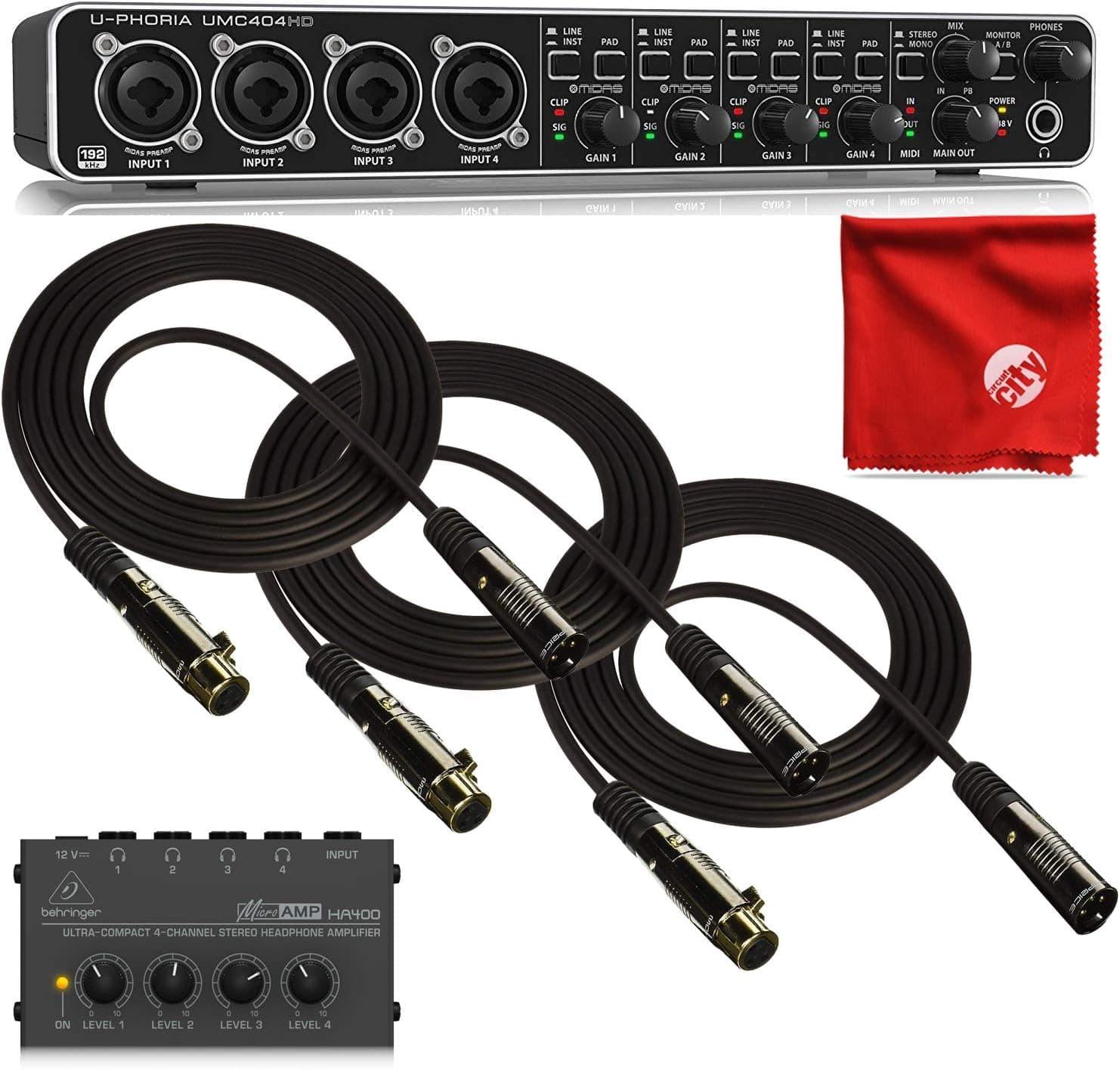 Behringer UMC404HD Audio Interface Bundle with HA400 Headphone Amplifier and XLR Cables