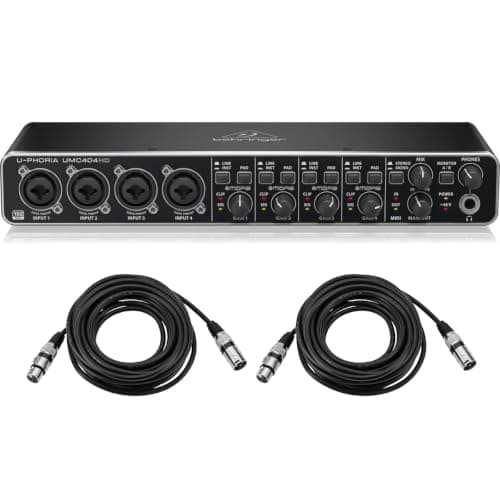 Behringer Behringer U-PHORIA UMC404HD Audiophile 4x4, USB Audio/MIDI Interface with MIDAS Mic Preamplifiers Bundle With 2x 25' HA XLR M to F Professional Microphone Cables