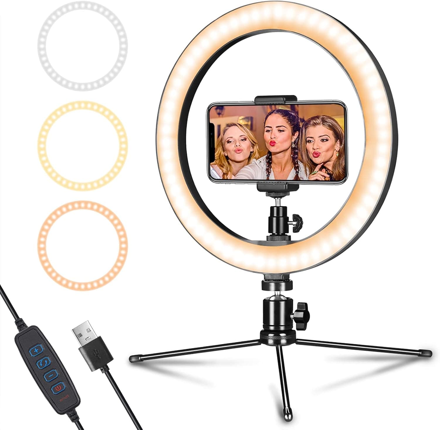 Dimmable Desk Makeup LED Ring Light 10 inch with Tripod Stand and Phone Holder