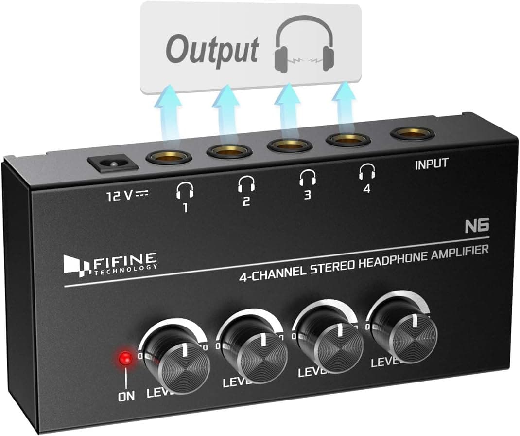 FIFINE Headphone Amplifier 4 Channels Metal Stereo Audio Amplifier, Mini Earphone Splitter with Power Adapter - N6