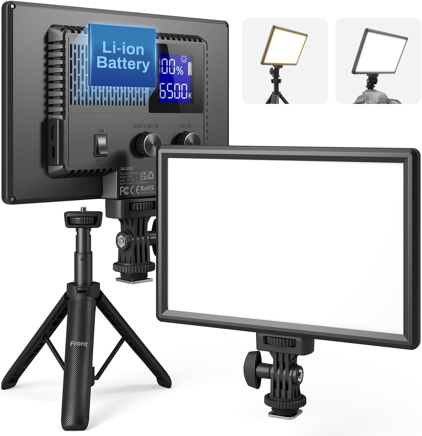 RALENO 9" LED Video Light, 2500K-6500K Camera Light with Desk Stand, Type C USB ports, CRI 95+, 4000mAh Battery