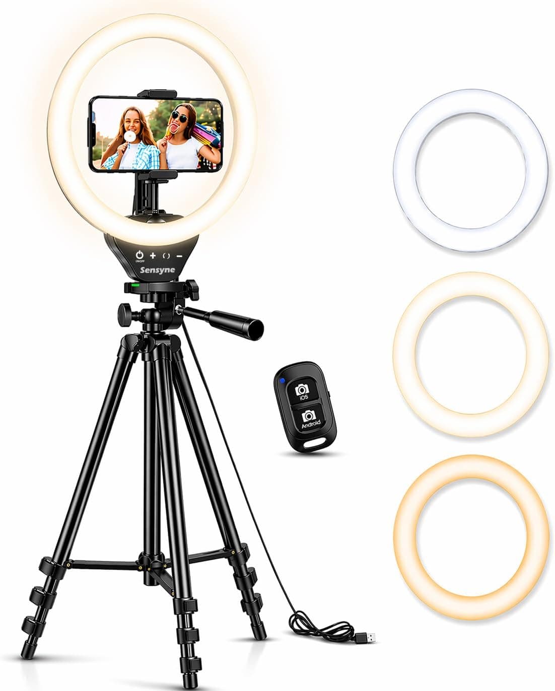 Sensyne Ring Light with 50 inch Stand and Phone Tripod, Remote, 3 Color Modes