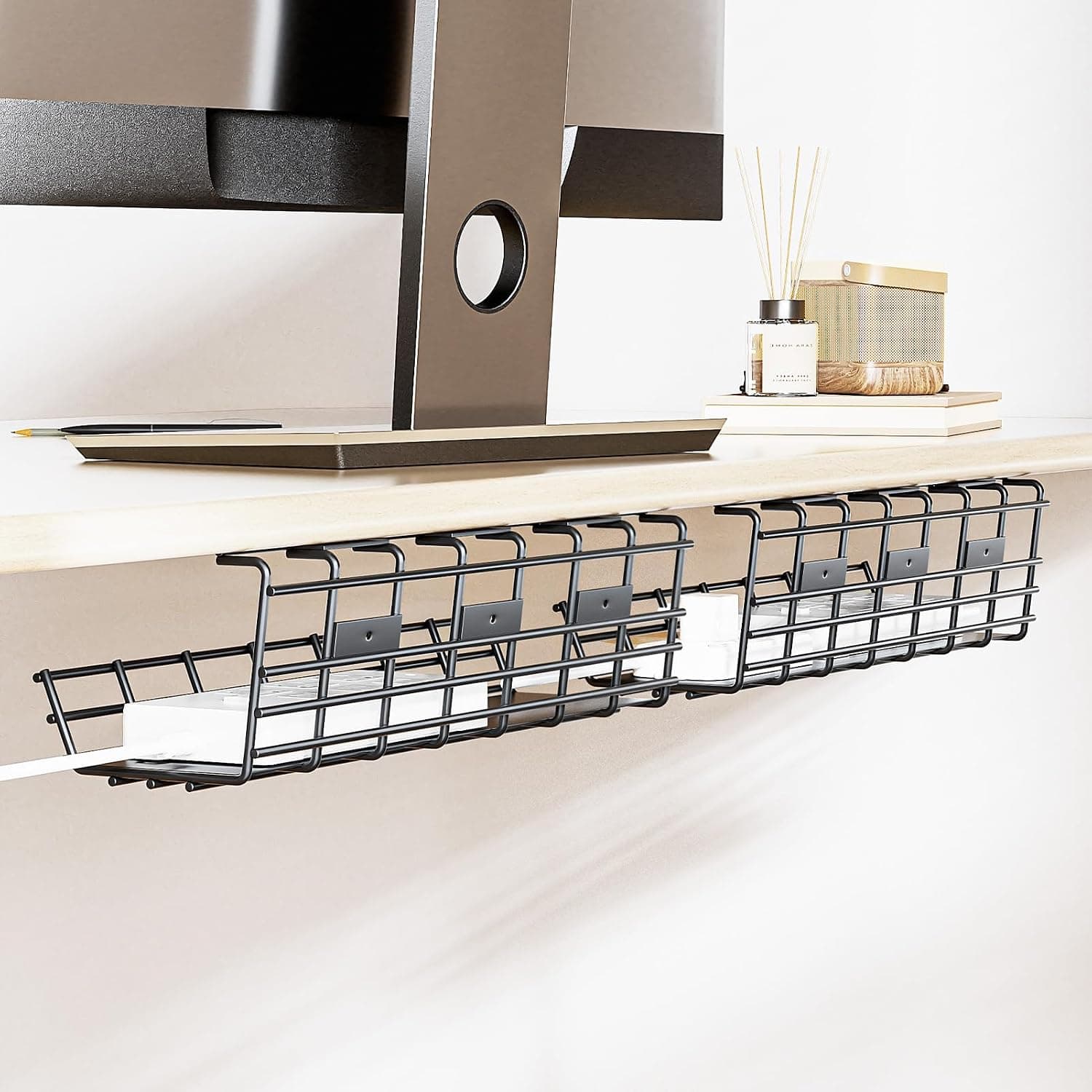 2 Pack DELAMU Under Desk Cable Management Tray, Large Metal Cord Organizer, Office & Home Cord Wire Management Under Desk Shelf, Easy Install Pre-drilled Cable Organizer, Black