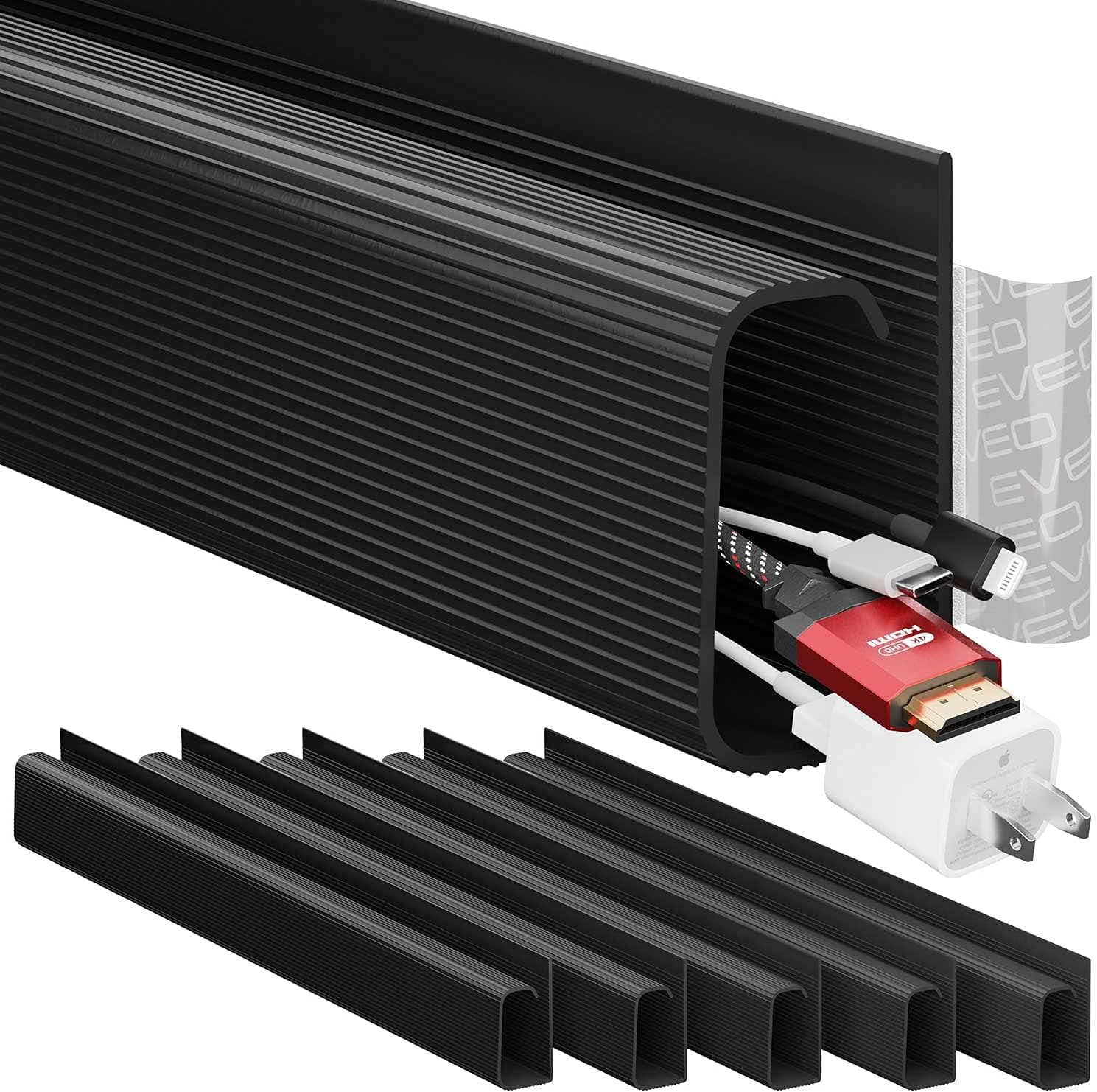 EVEO Cable Management Under Desk Kit (6 Units) J Channel Self-Adhesive Cord Hider