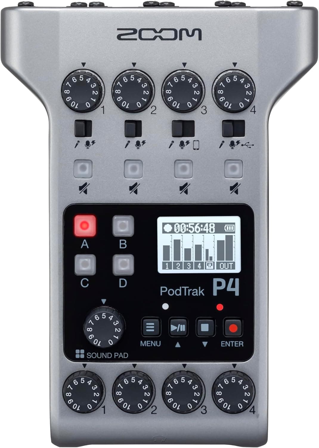 Zoom PodTrak P4 Podcast Recorder with 4 XLR Mic Inputs and USB Audio Interface