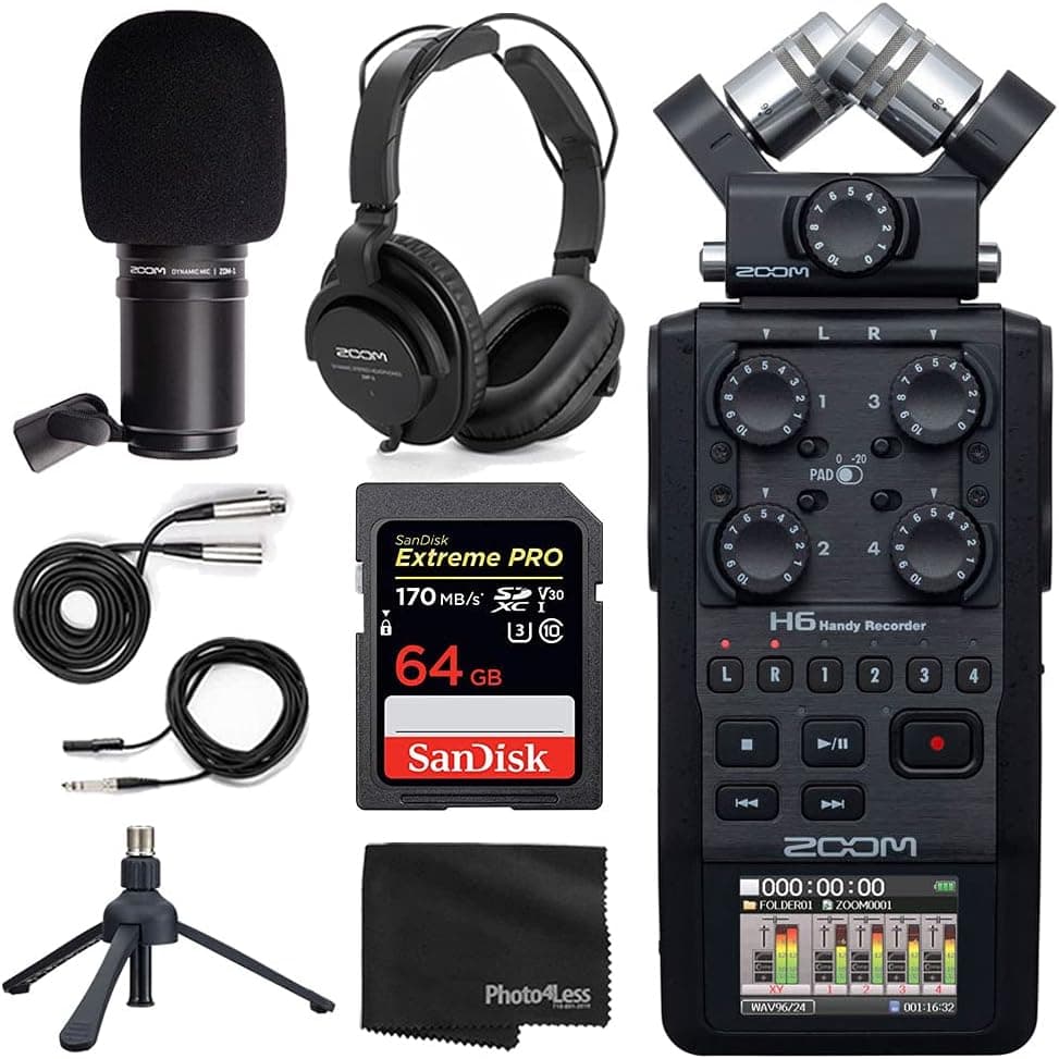 Zoom H6 All Black Six Track Portable Recorder Podcasting Bundle