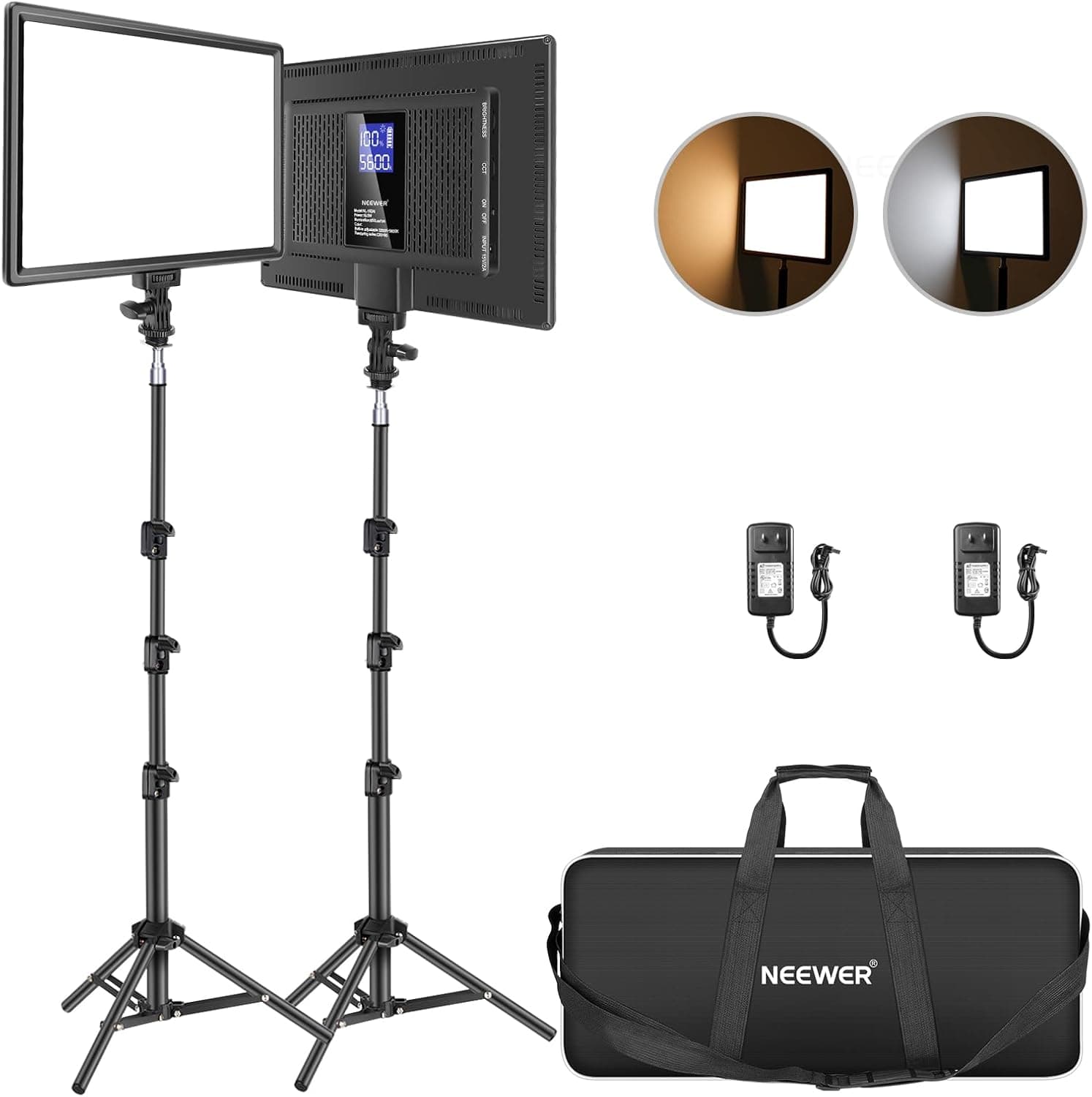 NEEWER 13" LED Video Light Panel Kit, 2 Pack Bi-Color Dimmable with Tripod Stand, 4000mAh Battery, CRI97+, NL-192AI