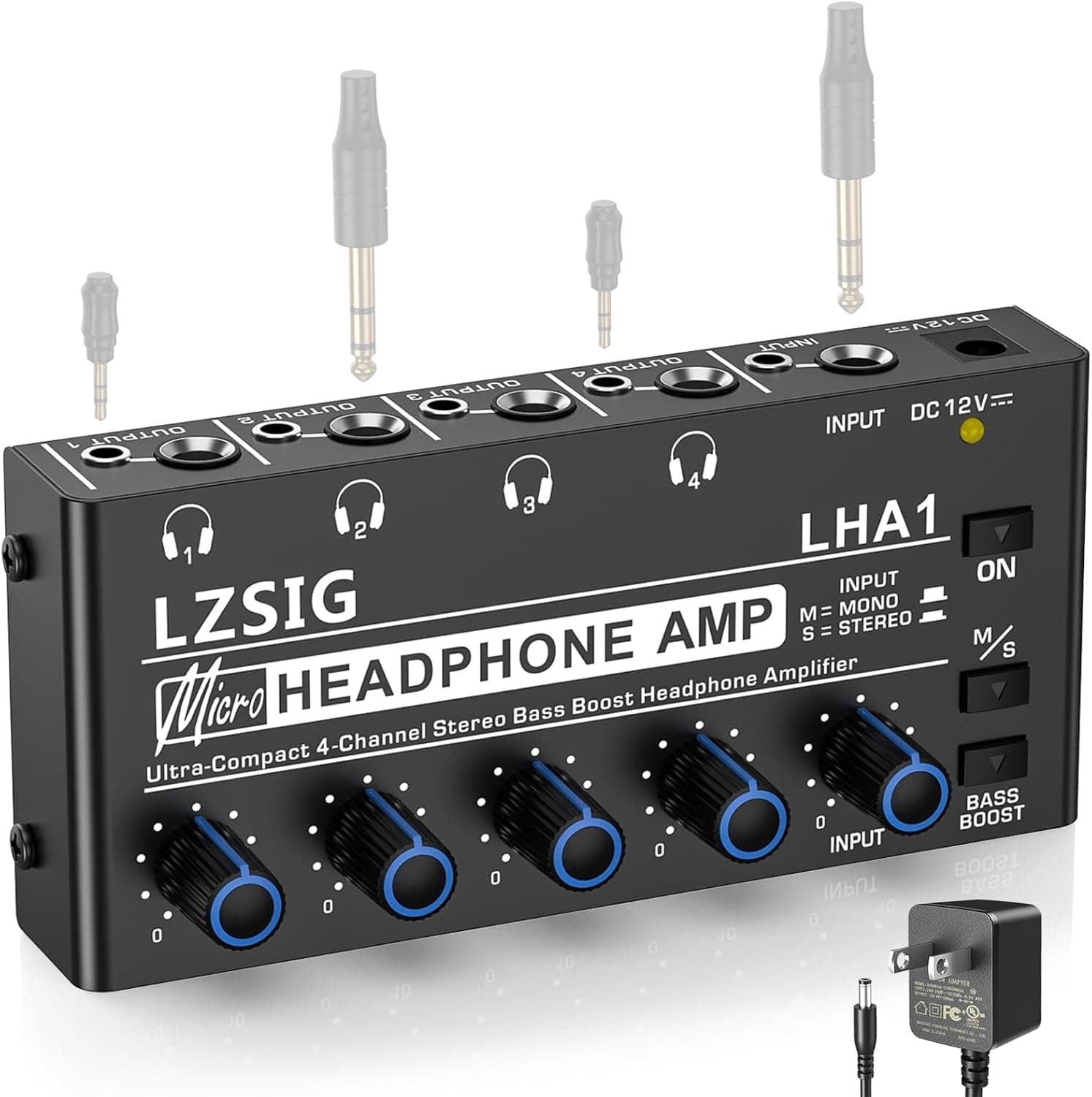 LZSIG Headphone Amplifier 4 Channel, Metal Stereo Audio Amplifier with Bass Boost, Mini Earphone Splitter with Power Adapter