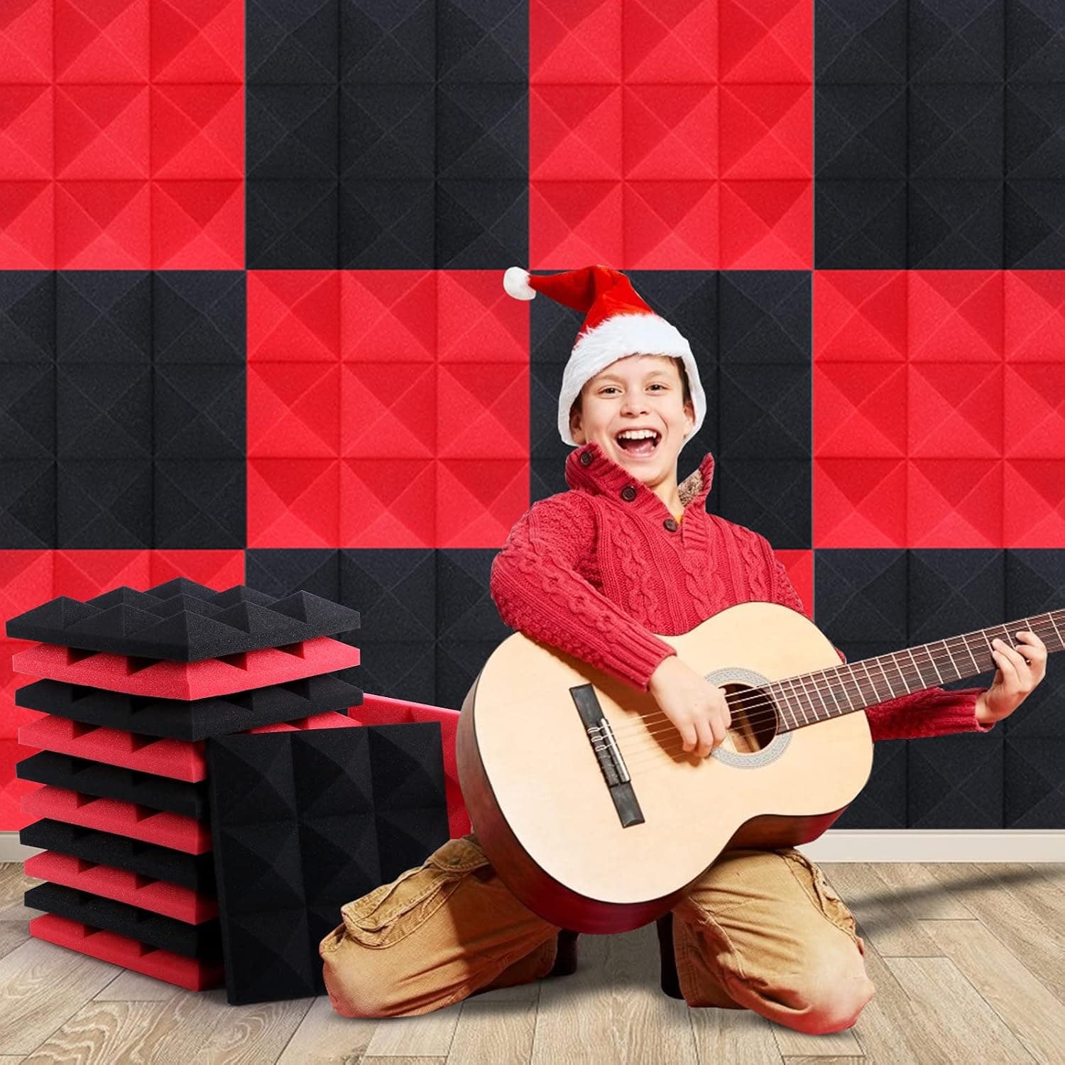 12 Pack Acoustic Foam Panels for Studio, 2" x 12" x 12" Sound Proof Wall Panels, Black & Red