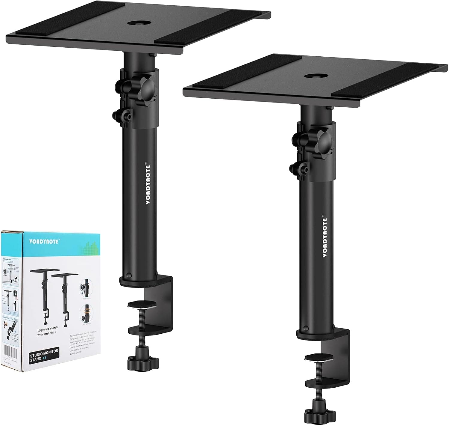 Vondynote Set of 2 Studio Monitor Stands Desktop Speaker Stands Height Adjustable 12 to 18 inch with Desk Clamp