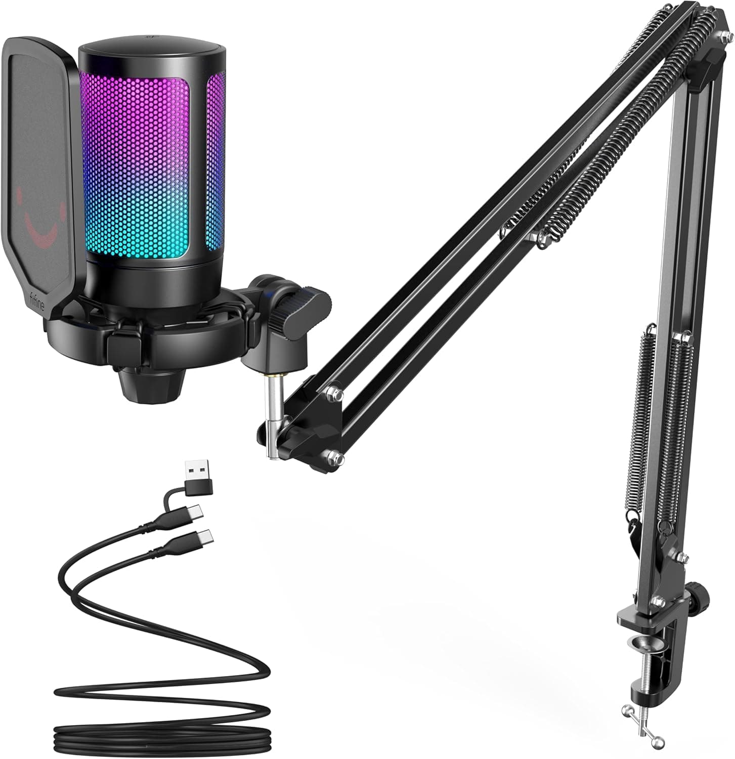 FIFINE AmpliGame A6T USB Gaming Microphone Kit, Condenser Mic for Streaming | Mute Button, RGB Indicator, Boom Arm, Gain Control, Pop Filter, Shock Mount