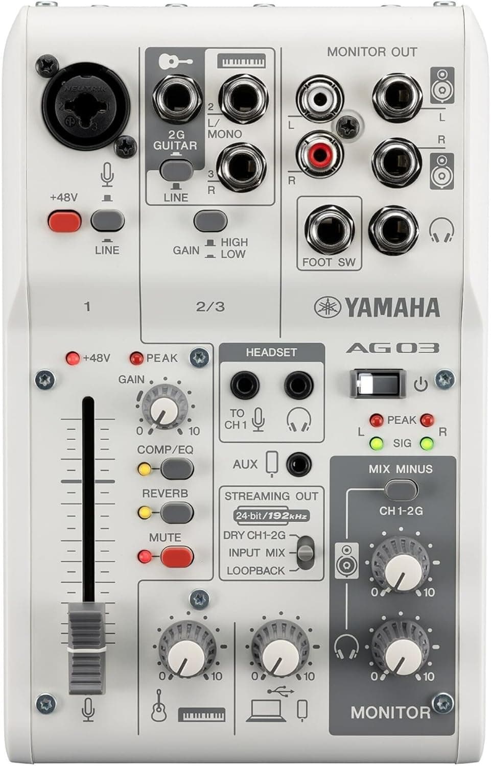 Yamaha AG03MK2 White 6-Channel Live Streaming Loopback Mixer/USB Interface