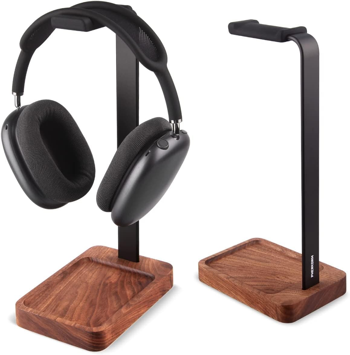 PHERKORM Walnut Wood & Aluminum Headset Holder Desktop Headphone Stand