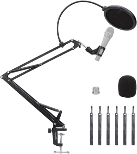 Amazon Basics Adjustable Microphone Boom Arm Stand, 14 inch, Supports Standard Microphones, Adjustable Tension, Includes Pop Filter & Windscreen, Desk Clamp Mount, Black