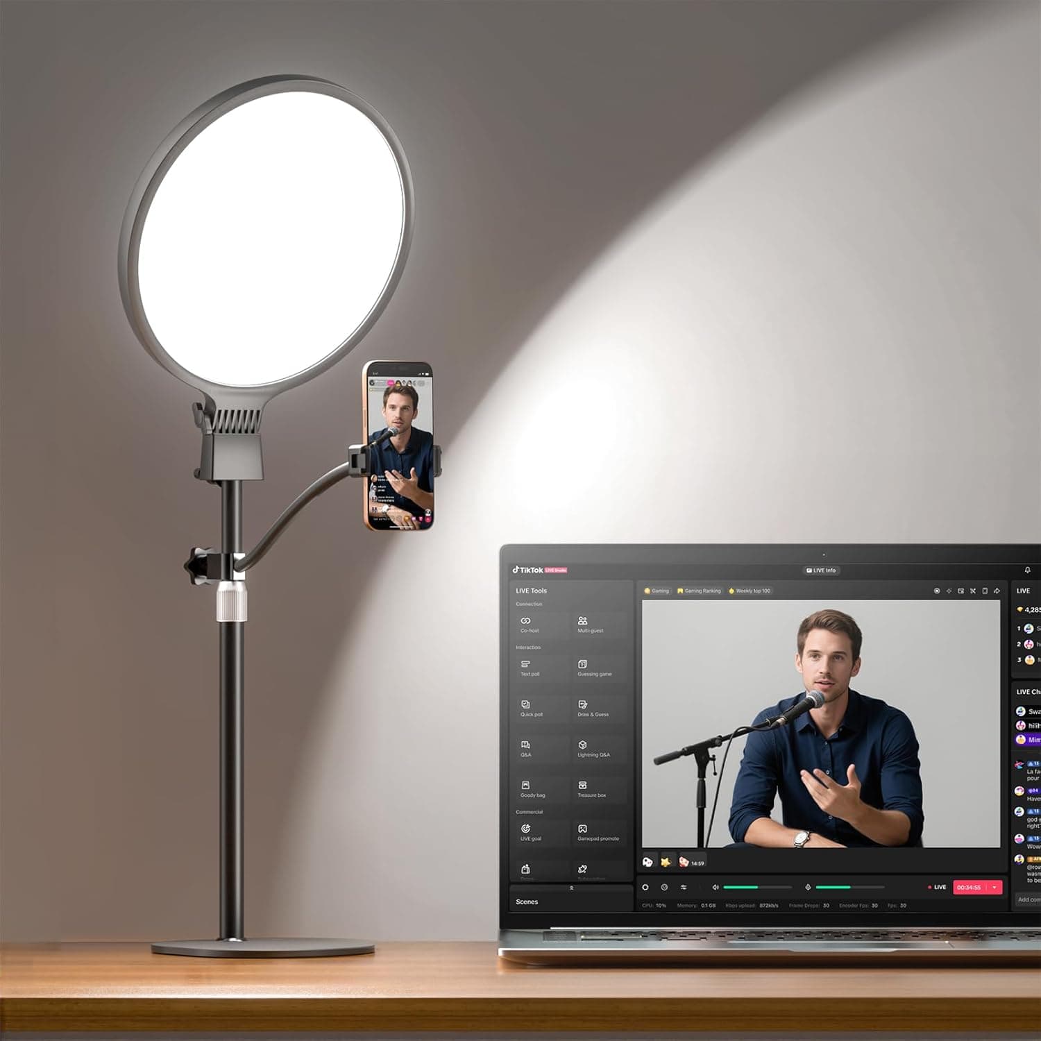 Key Light for Streaming, LED Video Light with Tripod Stand and Phone Holder, Bi-Color 3200K-6500K