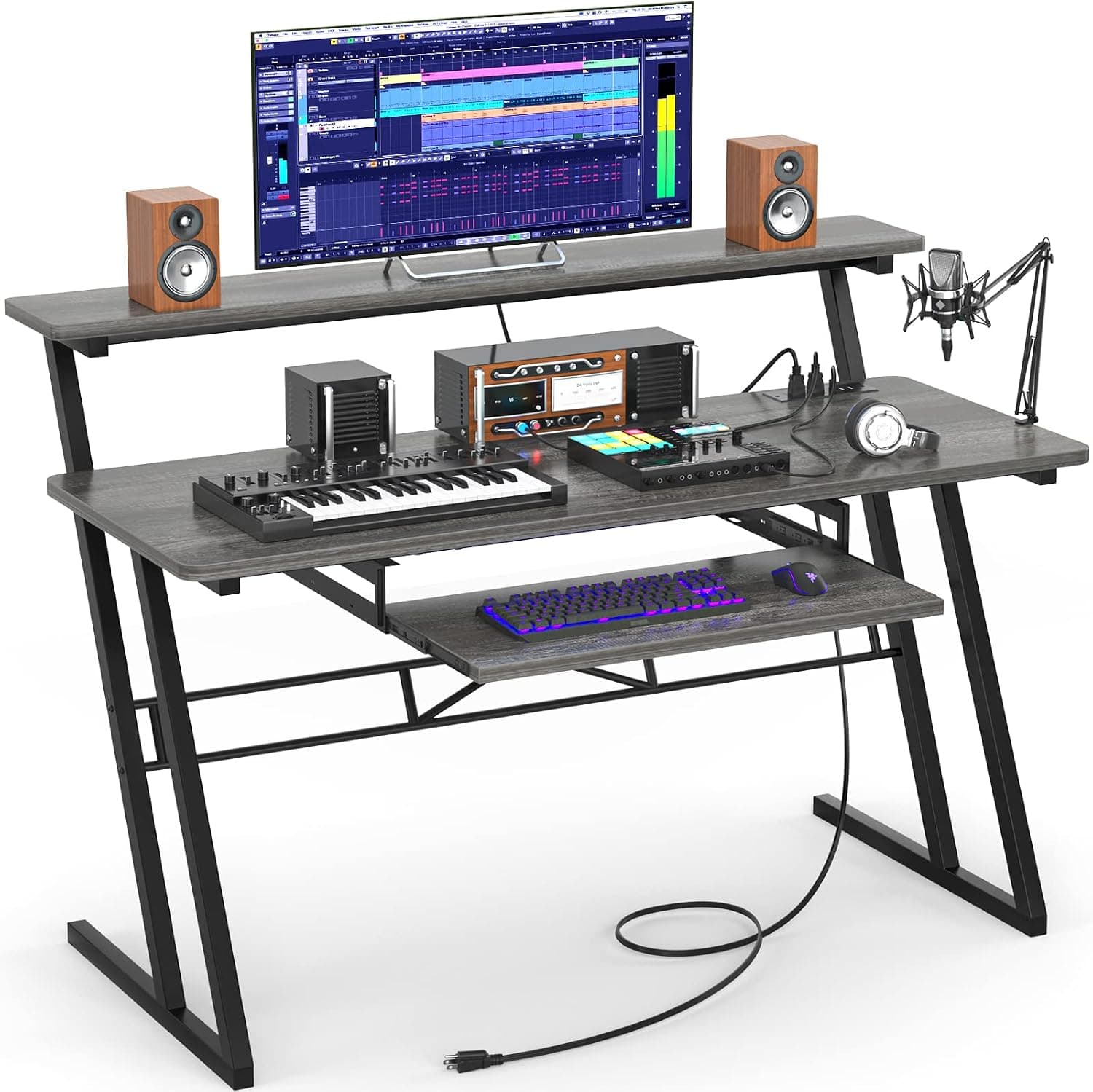 Armocity Music Studio Desk with Power Outlets, Grey Oak
