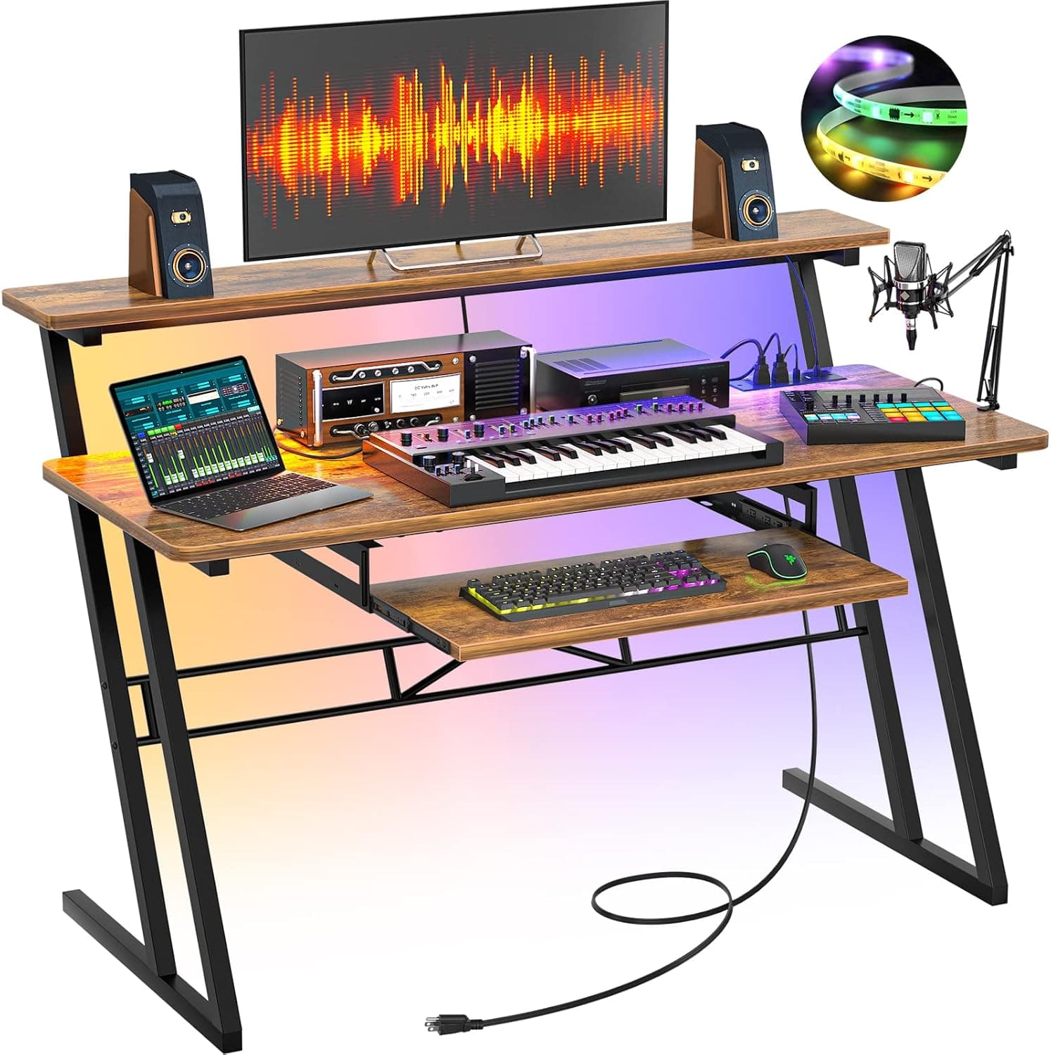Armocity Music Studio Desk with Power Outlets and RGB LED Lights, Rustic Brown
