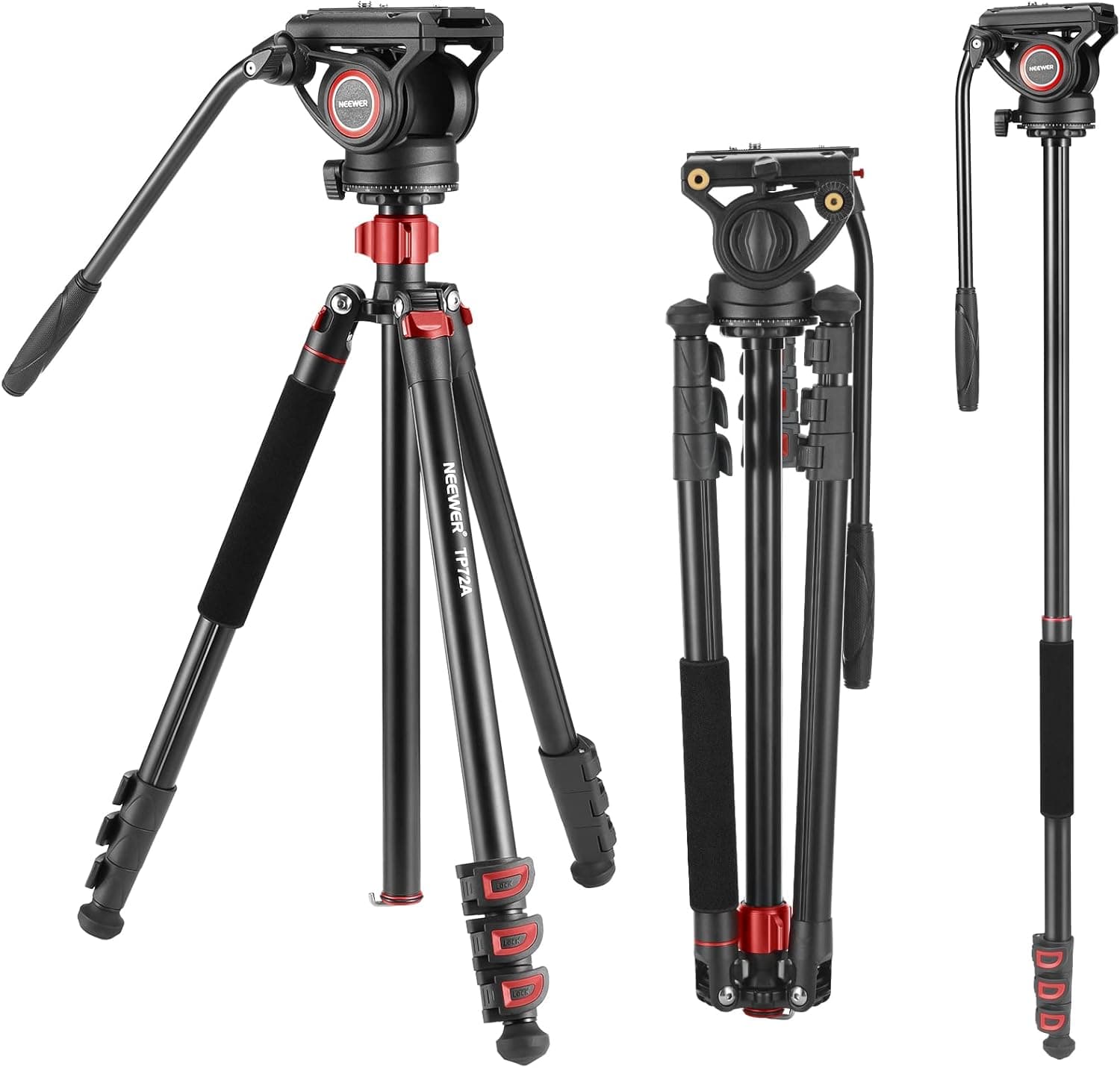 NEEWER 72" Fluid Head Video Tripod Monopod, Aluminum Alloy QR Plate, 360 Pan & +90/-70 Tilt, Max Load 13.2lb, TP72A