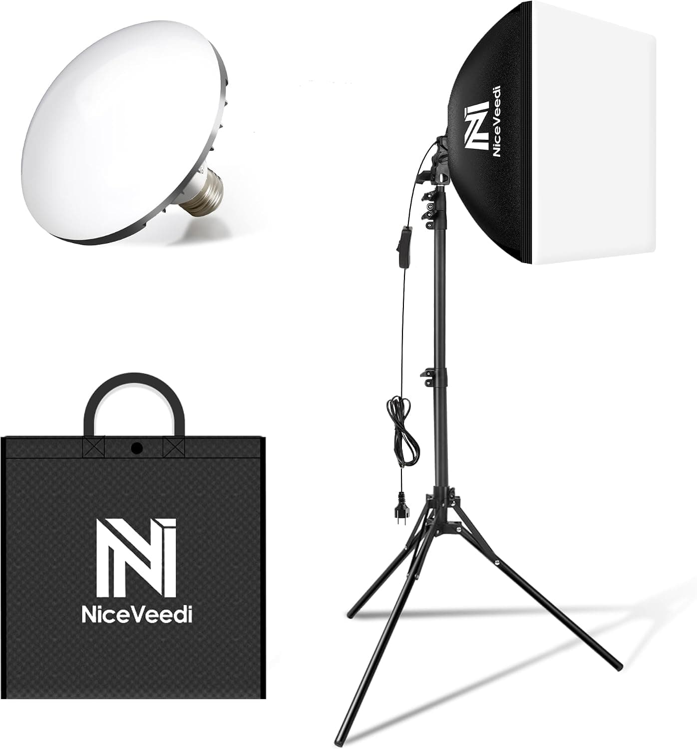 NiceVeedi Softbox Lighting Kit, 16'' x 16'' Softbox Photography Lighting Kit with 63" Tripod Stand & 5400K 450W Equivalent LED Bulb