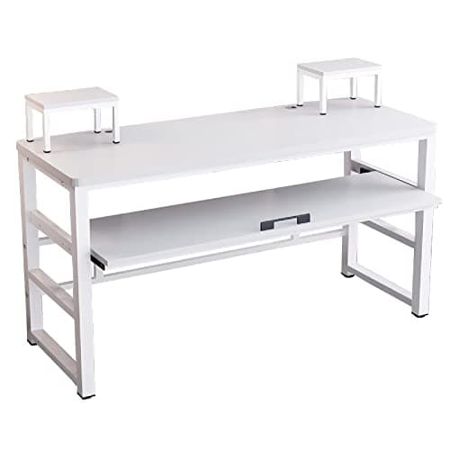 Zreephy Music Studio Recording Desk with 1 Piano Keyboard Tray, Music Production Workstation, Home Office Furniture Wooden Table (White Board + White Frame, 63 inches)