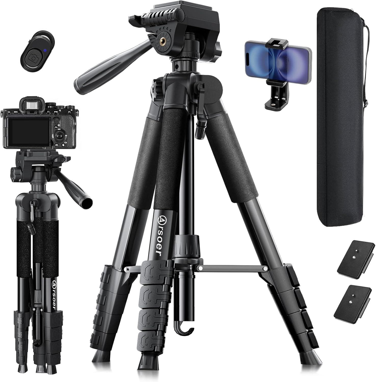 Arsoer 74" Camera Tripod Stand with 2 QR Plates for DSLR Sony Nikon Canon, Video Mount with Fluid Head and Wireless Remote