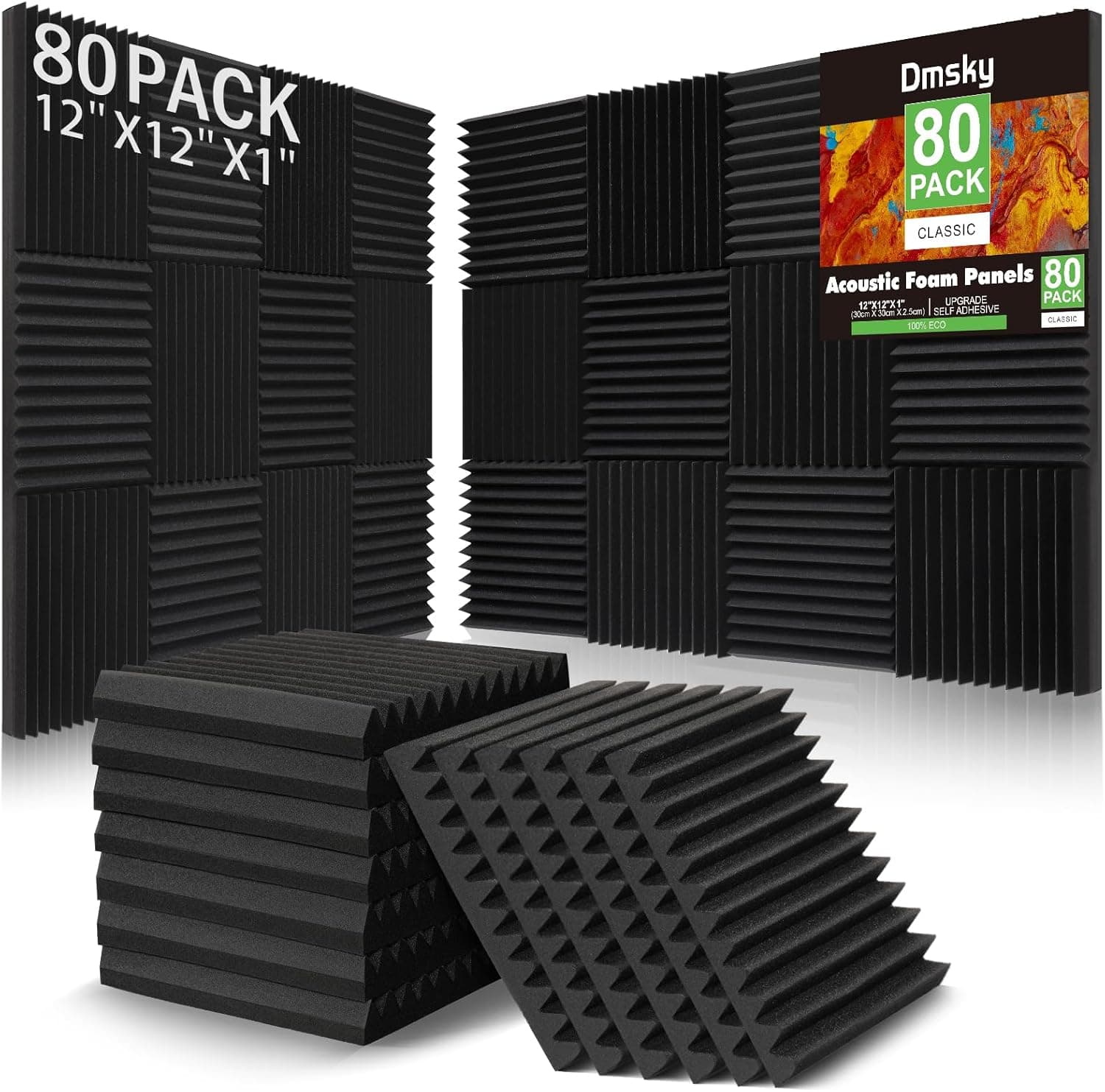 80 Pack Acoustic Foam Panels, 1" x 12" x 12" High Density Sound Absorbing Wedge Panels