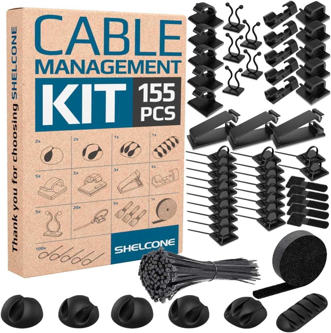 SHELCONE Cable Management Kit 155 Pieces Cord Organizer for Desk Wall PC TV