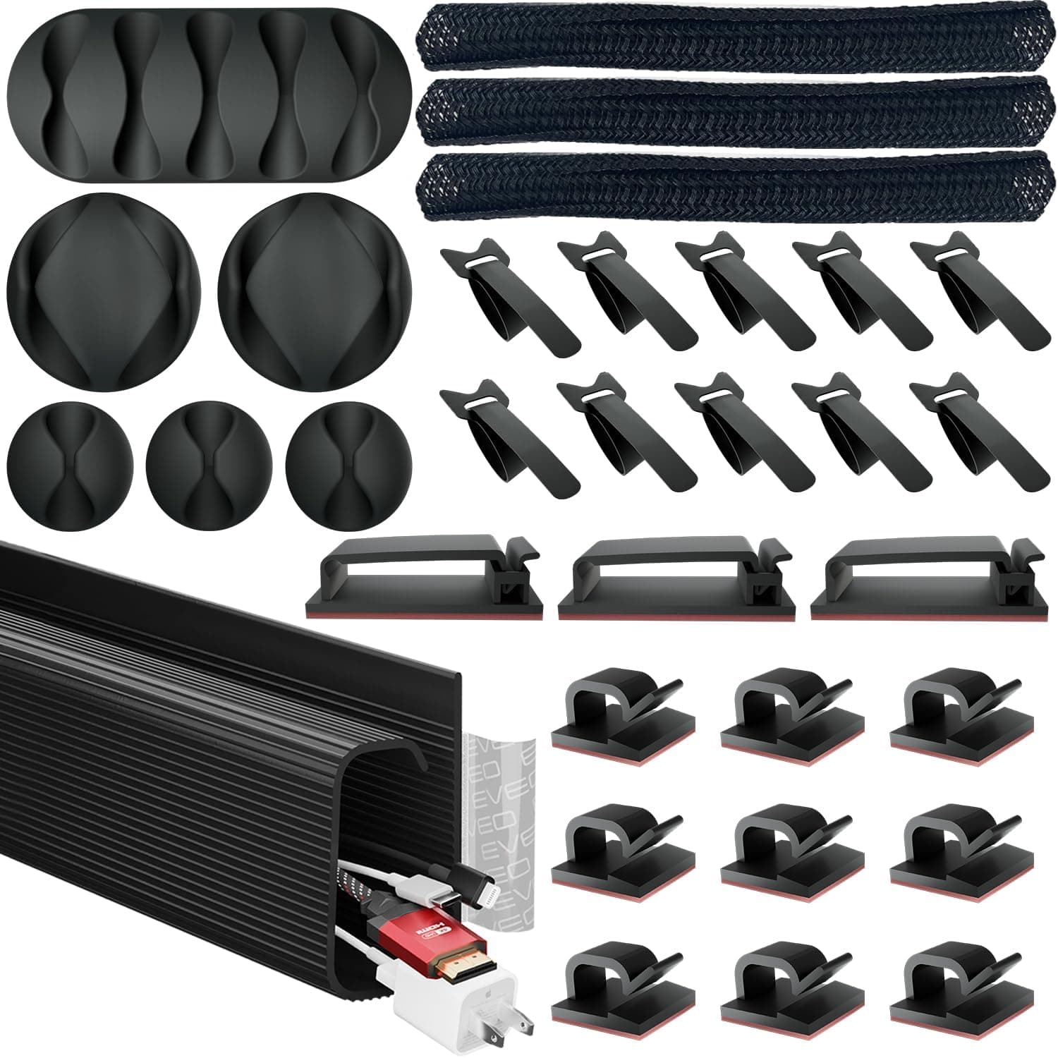 EVEO Desk Cable Management Kit with Cable Raceway, Sleeve, Adhesive Clips