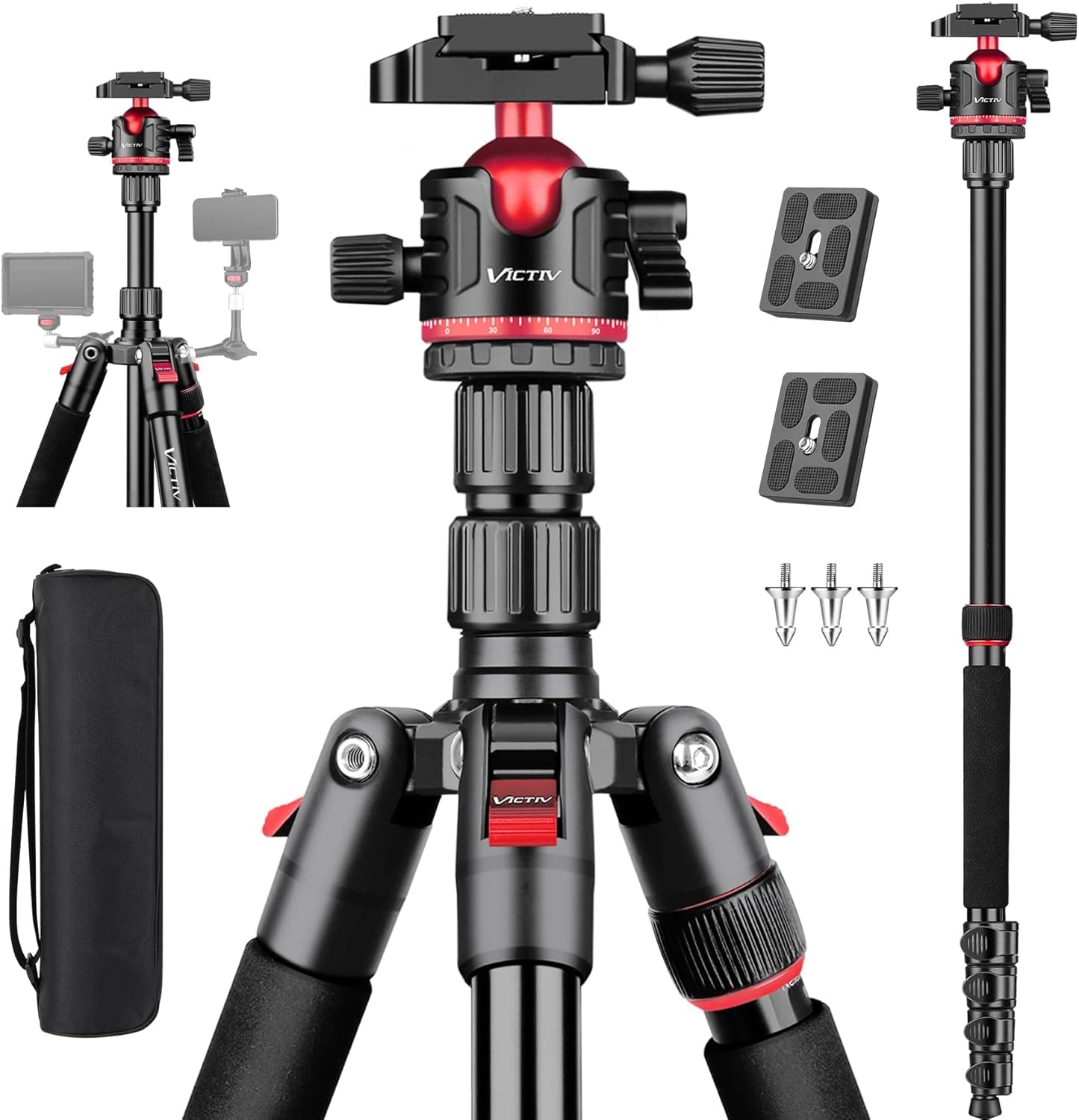 Victiv 78" Professional Tripod for Camera & Phone, Aluminum Camera Tripod Monopod for DSLR, Compact Heavy Duty