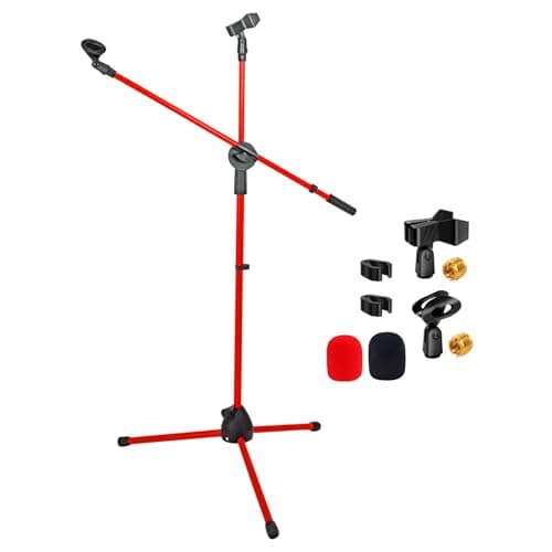 5 Core Mic Stand Floor Universal Height Adjustable 63 Inch Tripod Holds 2 Mics Portable Foldable Heavy Duty with Telescoping Boom Arm for Studio On Stage - MS DBL G RED