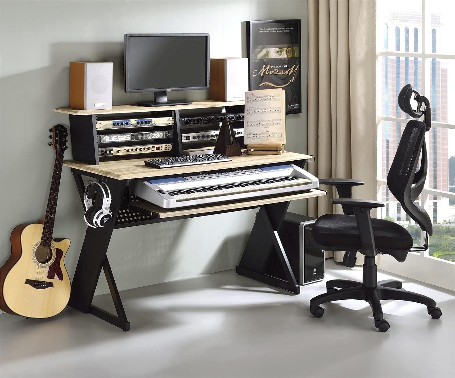 Music Recording Studio Desk with Piano Keyboard Tray, Stands and Bottom Shelf, Black 71in