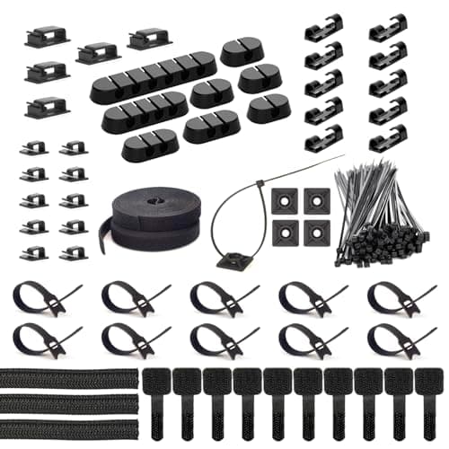 ZIIYAN 163 PCS Cable Management Kit, 3 Wire Organizer Sleeve, 8 Self Adhesive Cable Holder, 25 Cord Clips, 20+2 Roll Reusable Cable Straps and 100 Fastening Cable Ties for Computer TV Under Desk
