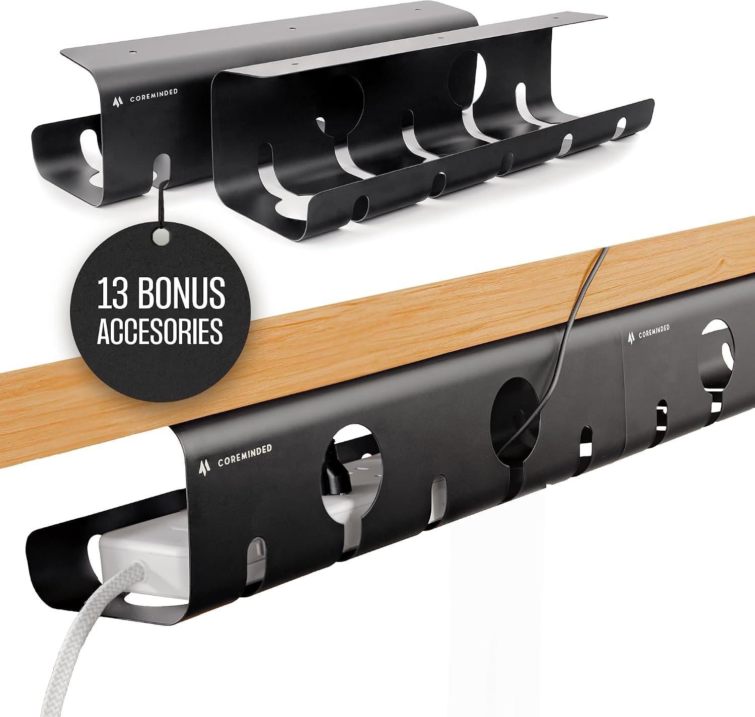 COREMINDED No-Drill Under Desk Cable Management Tray, 2-Pack, Medium, Wire & Cord Organizer for Standing Desk or Table, Power Strip Holder, Hides Cables, Home Office Cord Hider, Carbon Steel