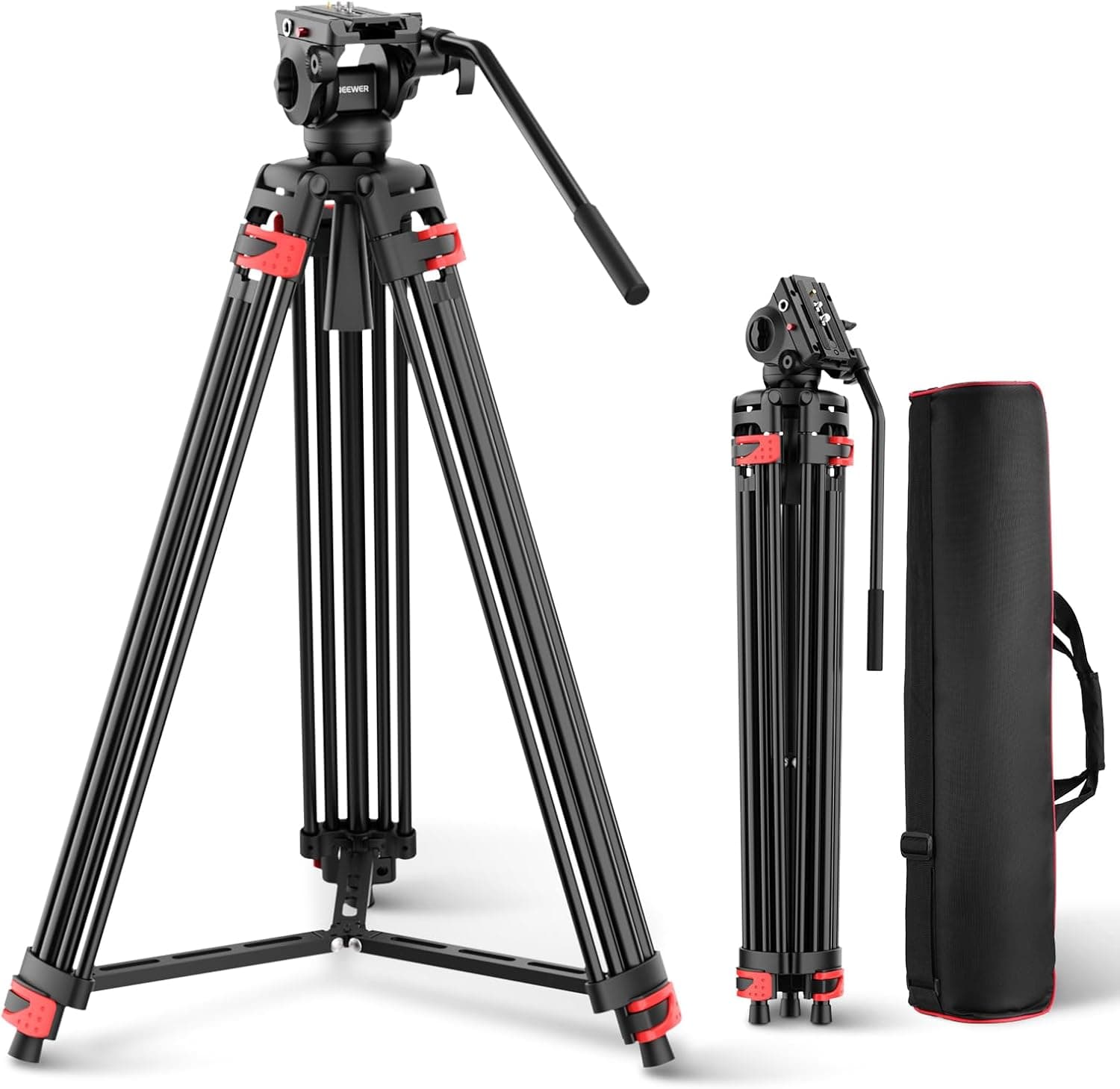 NEEWER Basic 74" Video Tripod with Fluid Head, Metal Camera Tripod with Friction Damping, Mid Level Spreader, TP37