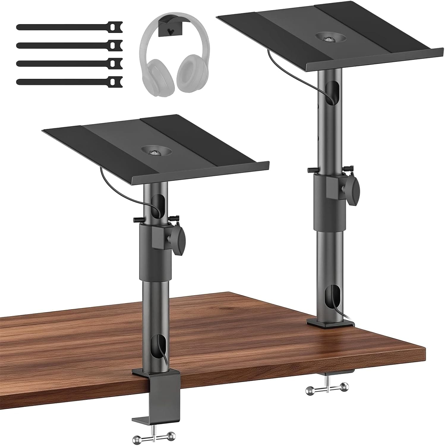 Heavy-Duty Desk Studio Monitor Stand Pair, Height Extend, Tilt and Swivel Adjustable with Cable Management