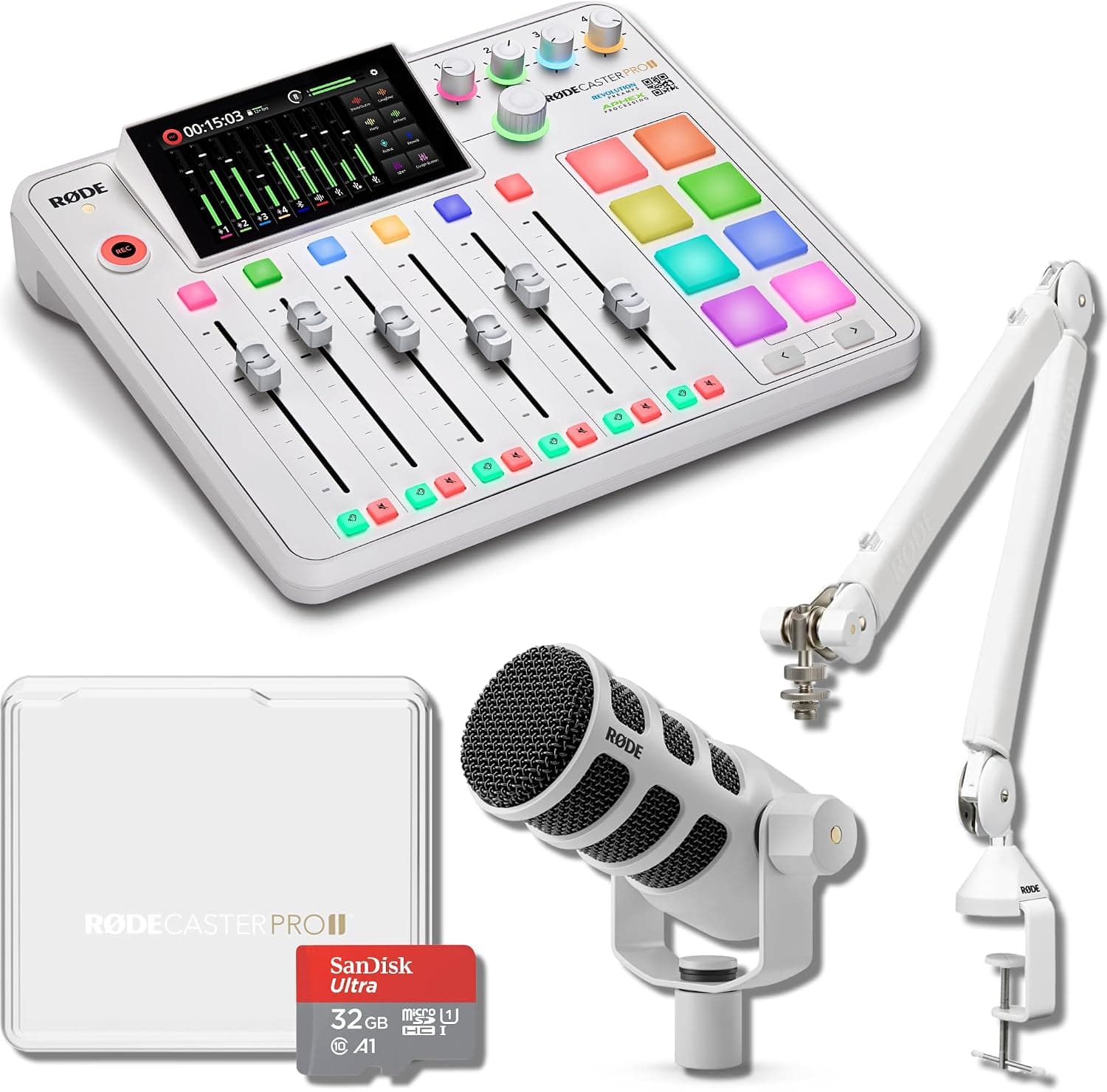 Rode RODECaster Pro II Podcast Console (White) with PodMic and Boom Arm