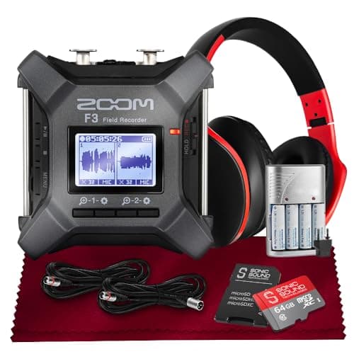 Zoom F3 Professional Field Recorder, 32-bit Float Recording, Dual A/D Converters, 2 XLR/TRS Inputs with Rechargeable Batteries, 2 XLR Cables, 64GB MicroSD & Headphone w/Built-In Microphone