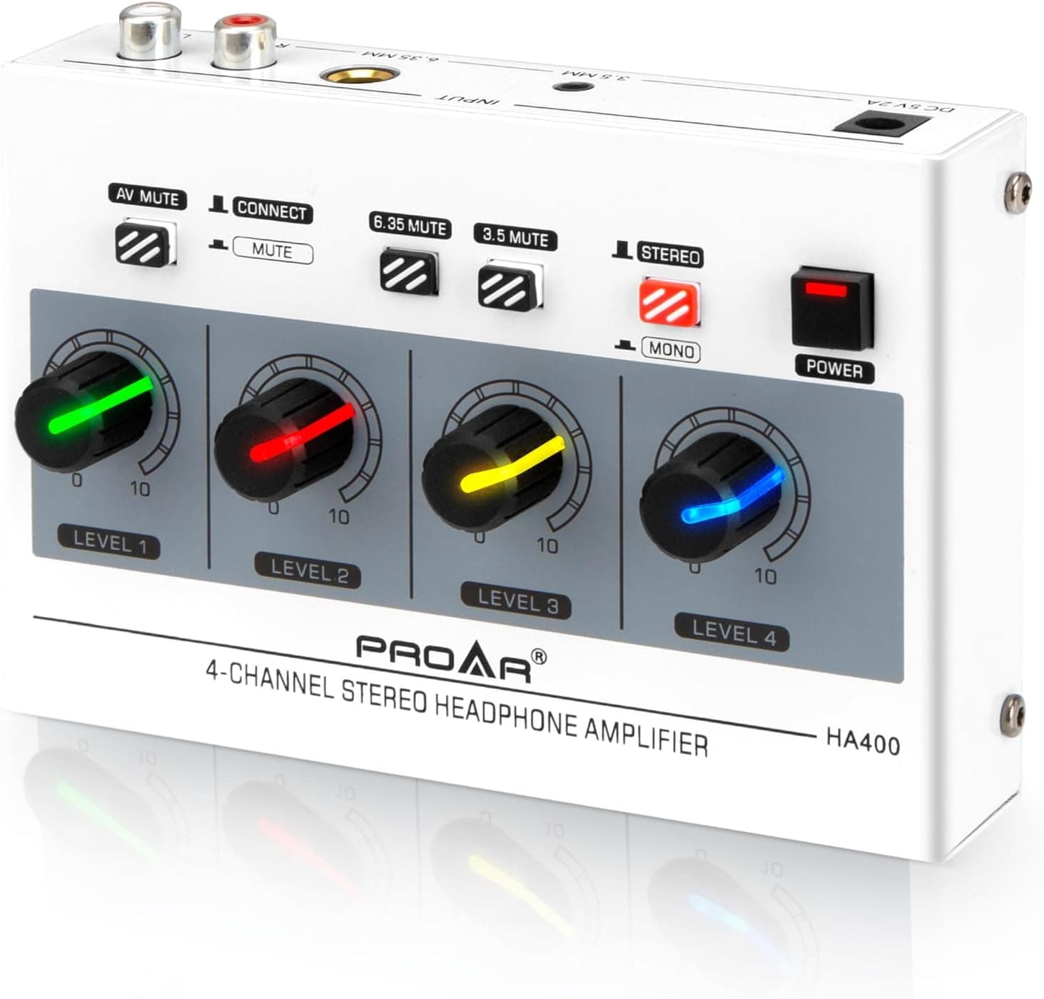 PROAR 4 Channel Headphone Amplifier 7 Color Light Headphones Amp for Music Studio with Mono/Stereo Multi-Port Metal Headphones Audio Splitter