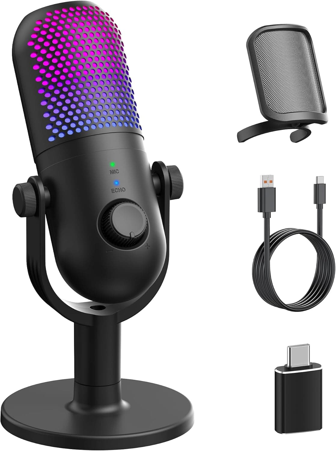 USB Microphone for PC Gaming: Condenser Microphone RGB for Gamer with Stand Mic - Recording Mic with Quick Mute
