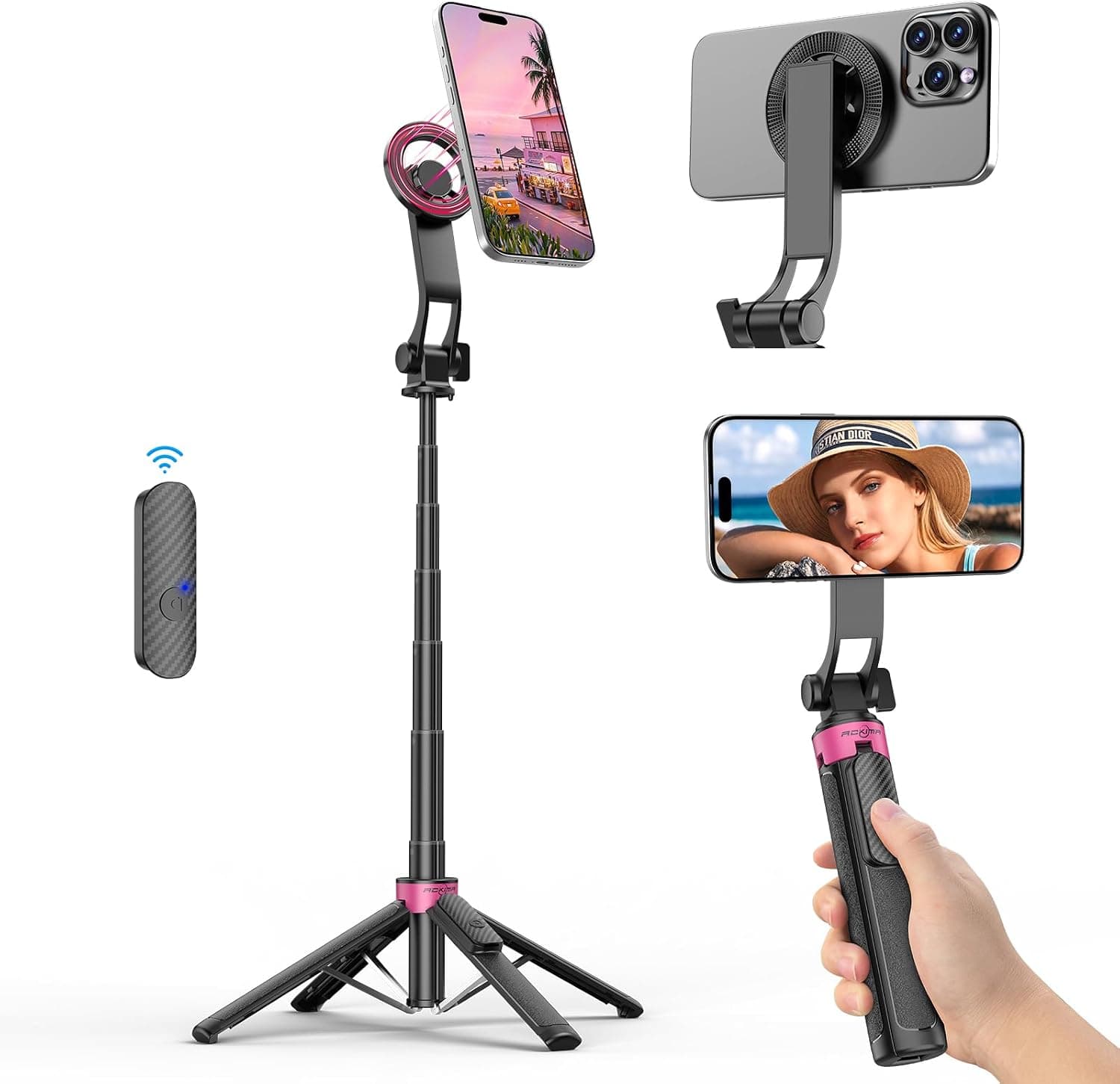 ACKIMA 3-in-1 Magnetic Selfie Stick Tripod for iPhone/Android, 37" 360 Rotation Phone Tripod with Wireless Remote