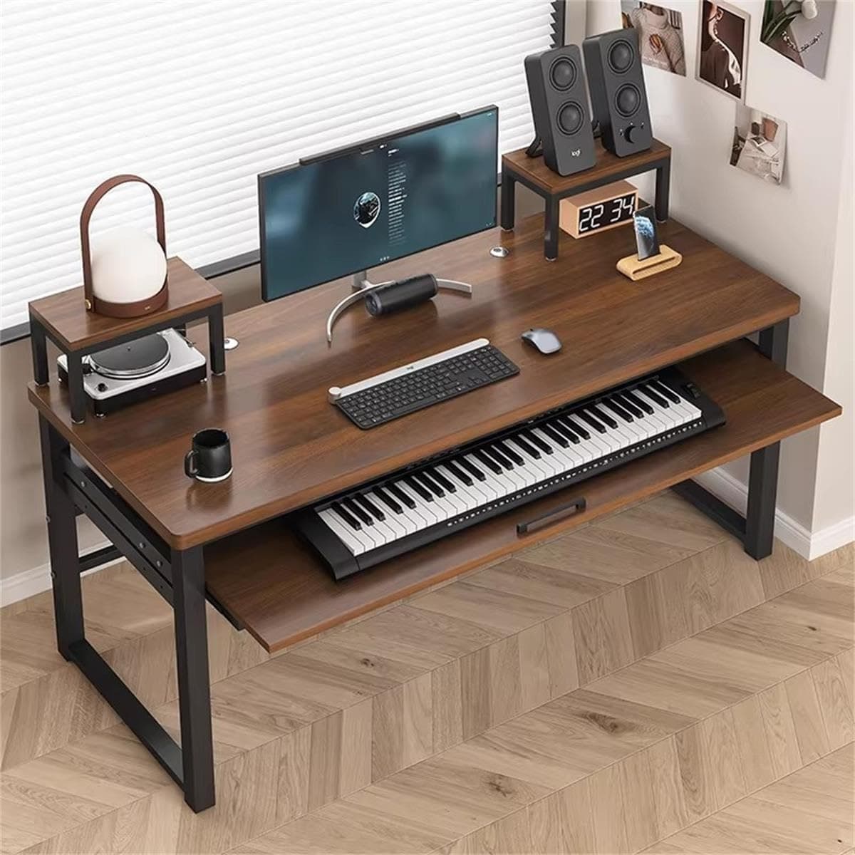 Music Studio Desk Workstation with Keyboard Tray, Dark Walnut 70in