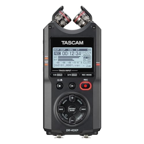 TASCAM DR-40XP 4-Channel 32-Bit Float Portable Handheld Field Recorder and USB-C Audio Interface - With 2 XLR/TRS Inputs and Adjustable Mics for Music, Audio for Video and Interviews