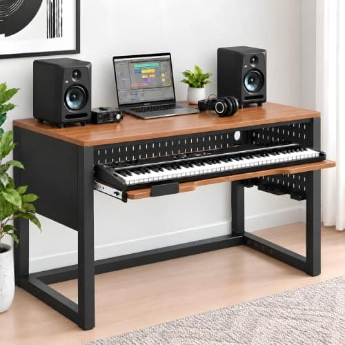 Heliosrider Music Studio Desk with Keyboard Tray, Walnut, 56.3 in