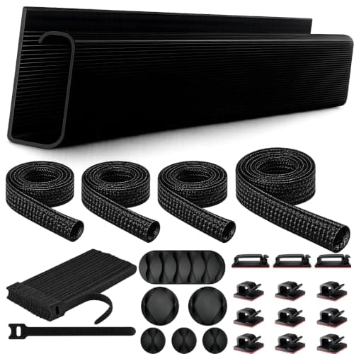 Cable Management Kit with Under Desk Raceway & 4 Long Cable Sleeves, Desk Cord Organizer with Cable Clips, Reusable Cable Ties & Cord Holders, Black