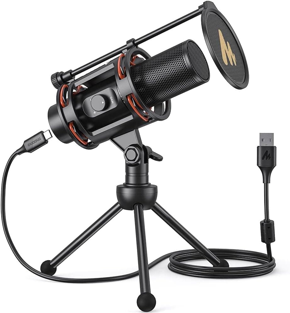 MAONO USB Computer Microphone All in One Condenser Mic with Gain Knob and Tripod