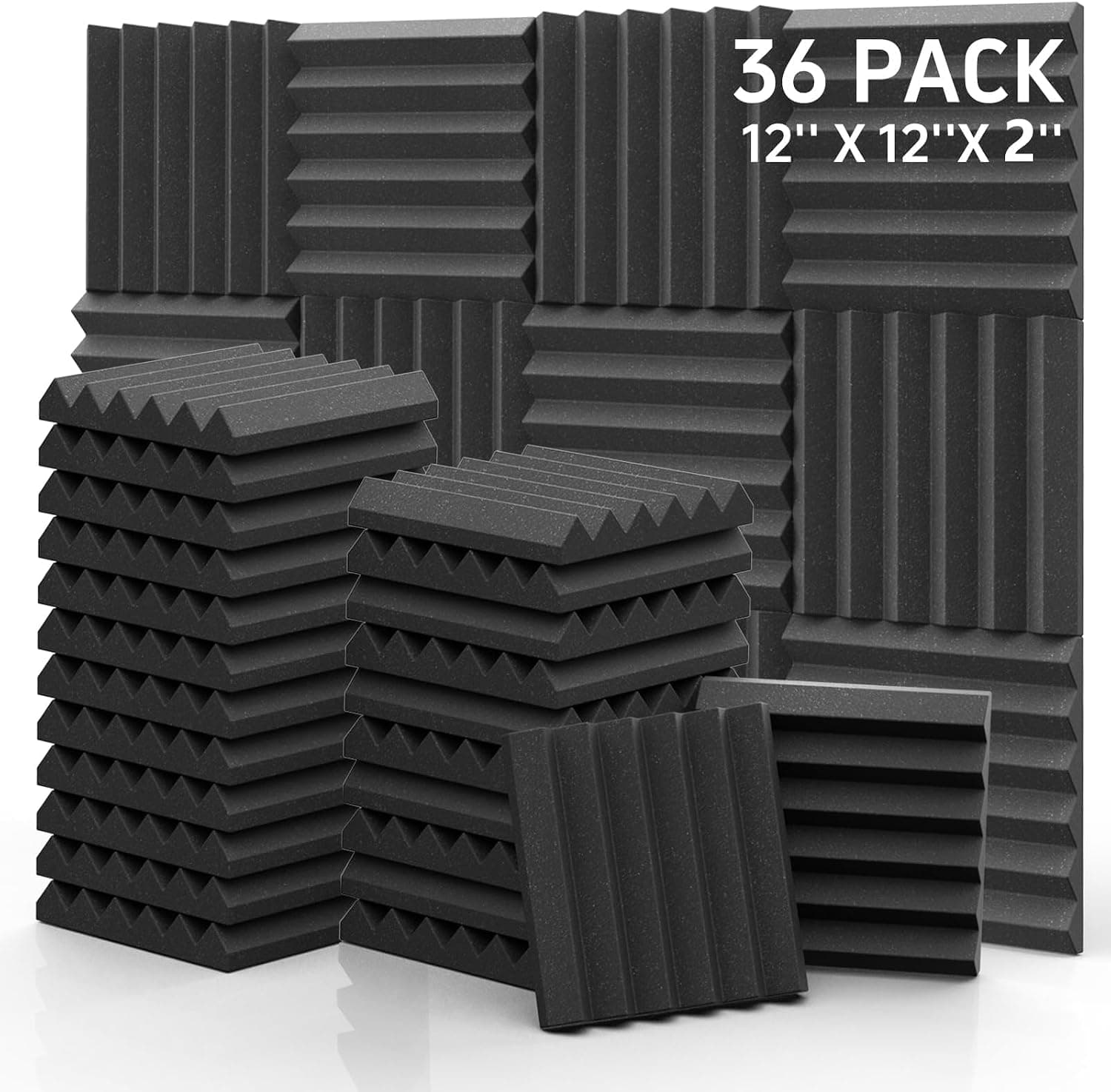 GUERRI Sound Proof Foam Panels 12 x 12 x 2 Inch 36 Pack Wedges High Density Studio Foam, Black